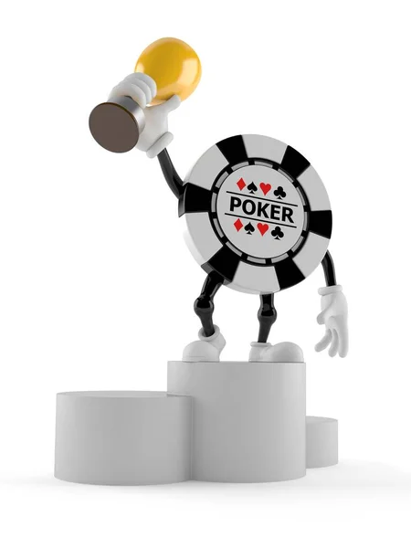 Gioco d'azzardo chip personaggio sul podio in possesso di trofeo — Foto Stock