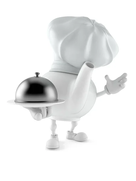 Teapot character holding catering dome — Stock Photo, Image