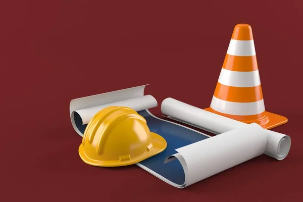 Blueprint with hardhat and traffic cone — Stock Photo, Image