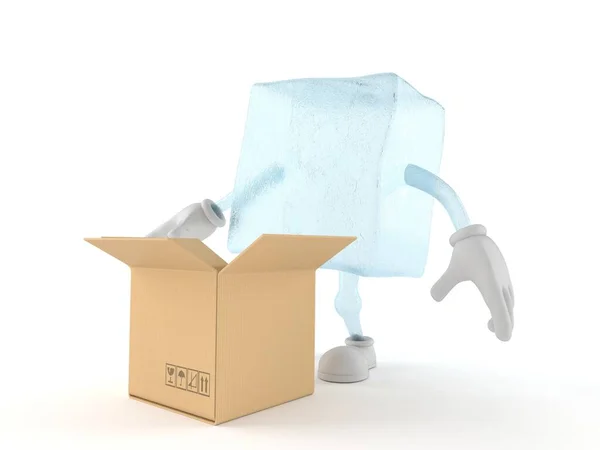 Personagem de cubo de gelo com caixa de papelão aberta — Fotografia de Stock
