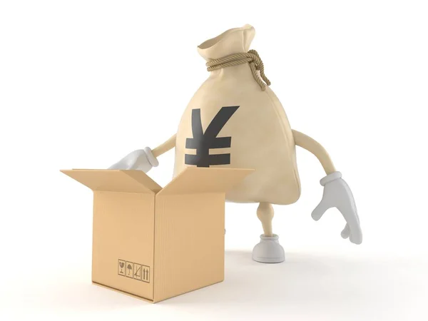 Personagem de saco de dinheiro de iene com caixa de papelão aberta — Fotografia de Stock