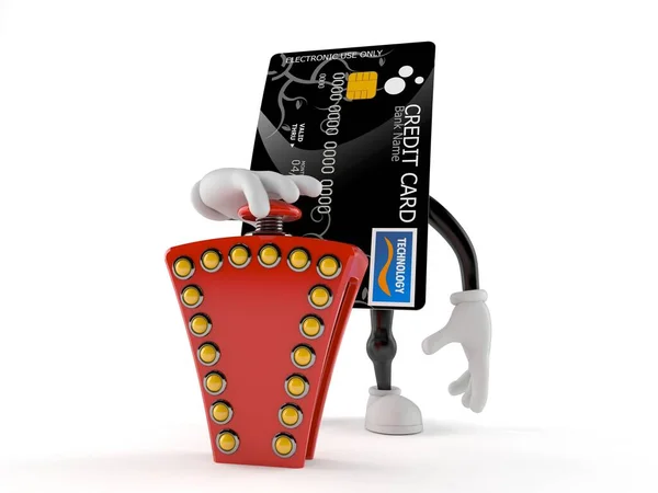 Caractère de carte de crédit appuyant sur le bouton quiz — Photo
