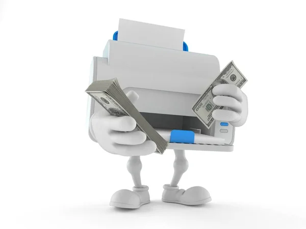 Carácter de la impresora contando dinero sobre fondo blanco — Foto de Stock