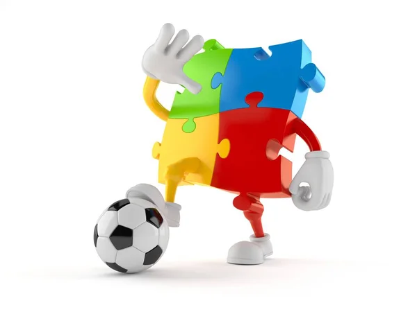 Jigsaw puzzle character with soccer ball — Stock Photo, Image