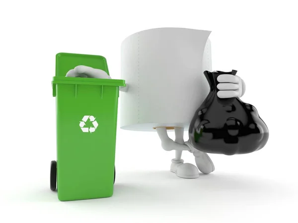 Caráter de papel higiênico com lata de lixo e saco — Fotografia de Stock