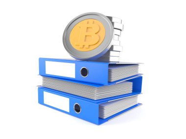 Yüzük klasörlerinin üzerindeki bitcoin yığınları