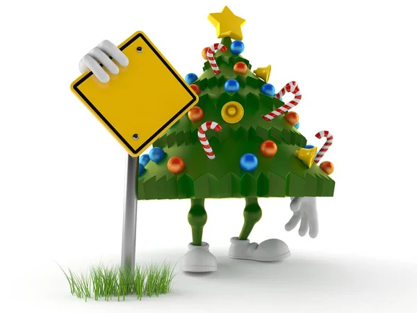 Christmas tree character with blank road sign — Stock Photo, Image