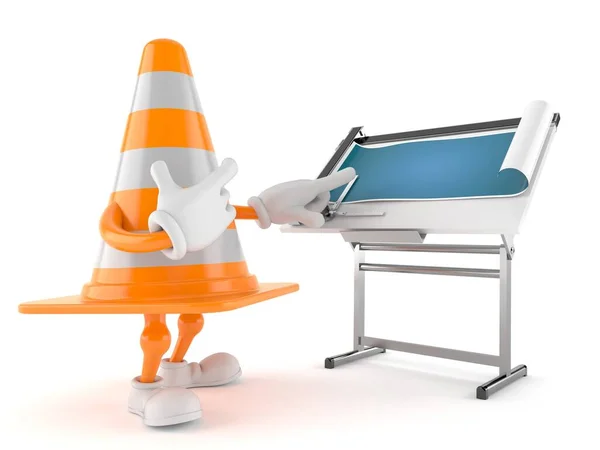 Traffic cone character with blueprint — Stock Photo, Image