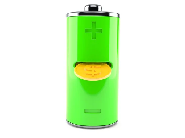 Green battery with golden coin inside — Stock Photo, Image