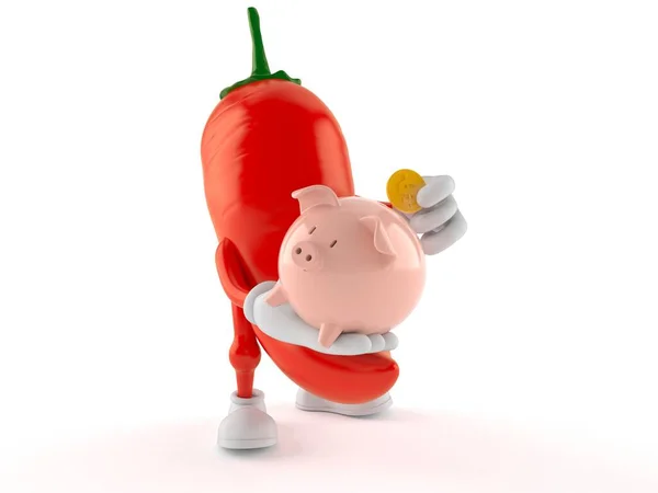 Hot paprika karakter holding spaarvarken bank — Stockfoto