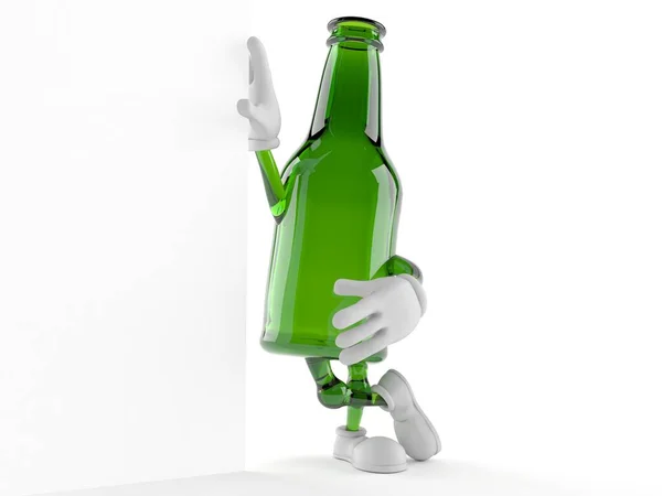 Grüne Glasflasche Charakter lehnt an Wand — Stockfoto