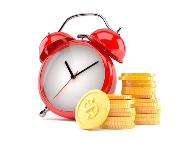 Relógio despertador com pilha de moedas — Fotografia de Stock