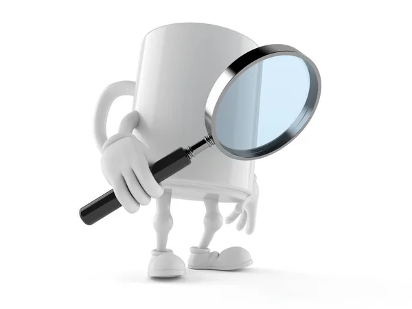 Mug character holding magnifying glass — ストック写真