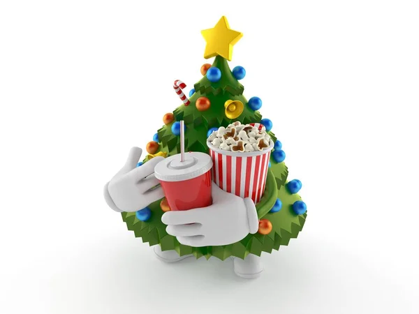Personagem de árvore de Natal segurando pipocas e refrigerante — Fotografia de Stock
