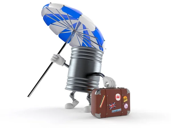 Food can character with parasol and suitcase — Stock Photo, Image