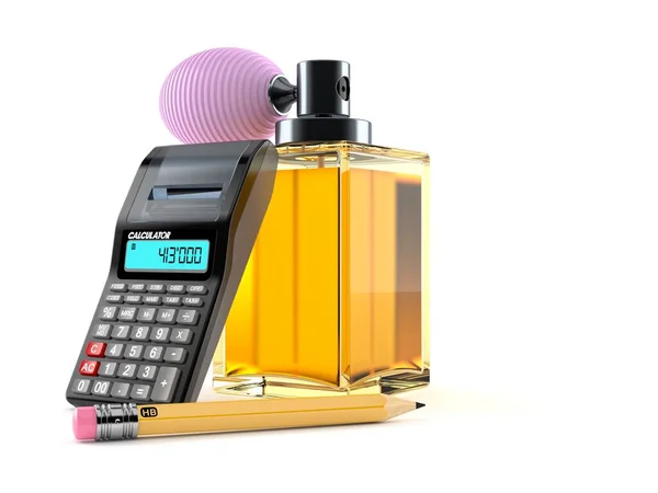 Frasco de perfume com calculadora e lápis — Fotografia de Stock