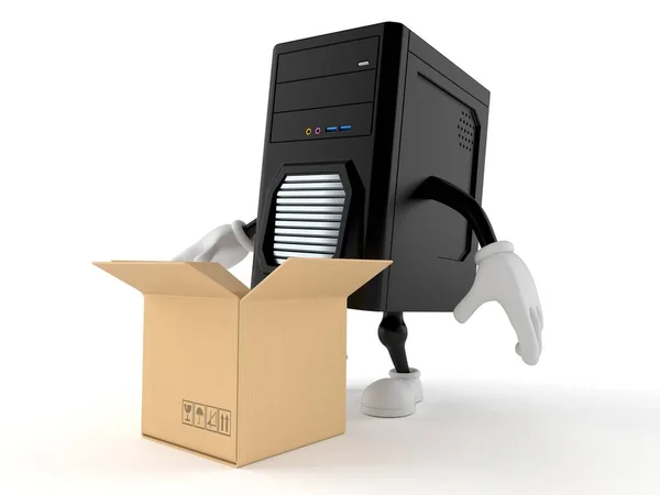 Computer character with open cardboard box — Stock Photo, Image
