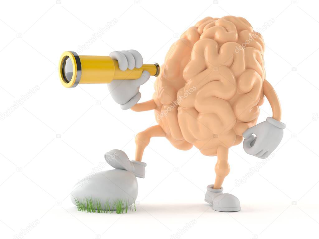 Brain character looking through a telescope