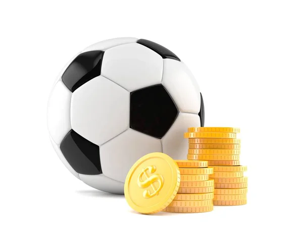 Soccer ball with stack of coins — Stock Photo, Image
