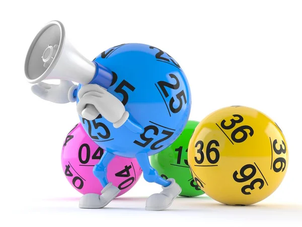 Lotto ball character speaking through a megaphone — Stock Photo, Image