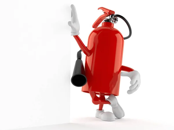 Extintor de incêndio personagem inclinado na parede — Fotografia de Stock