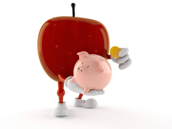 Apple character holding piggy bank with coin