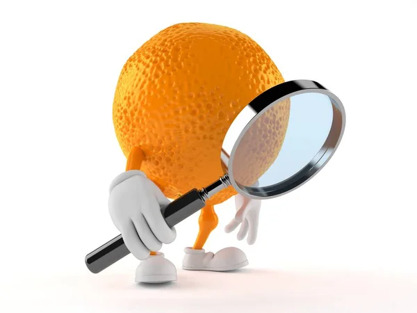 Caráter laranja olhando através de lupa — Fotografia de Stock