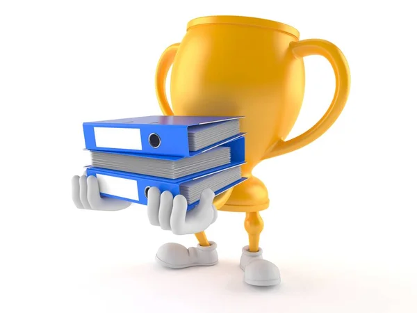 Golden trophy character holding ring binders — Stock Photo, Image