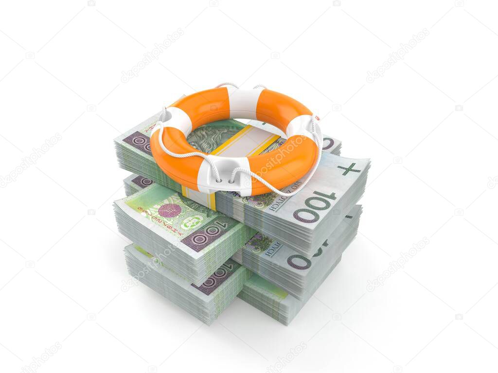Life buoy on stack of money