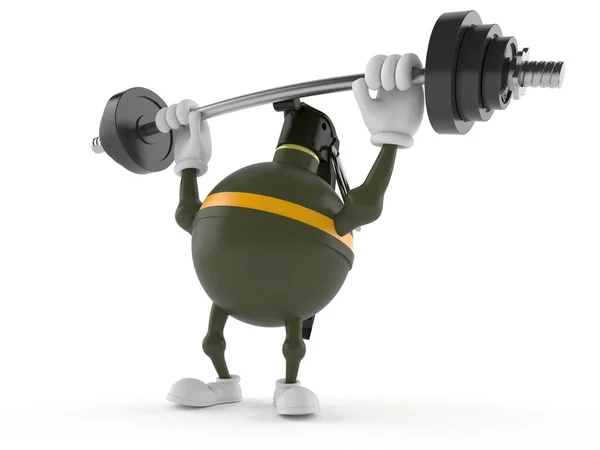 Hand grenade character lifting heavy barbell — Stock Photo, Image