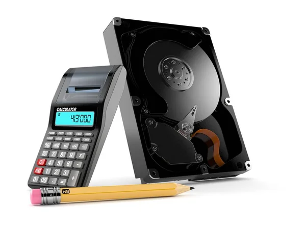 Hard drive with calculator and pencil — Stock Photo, Image