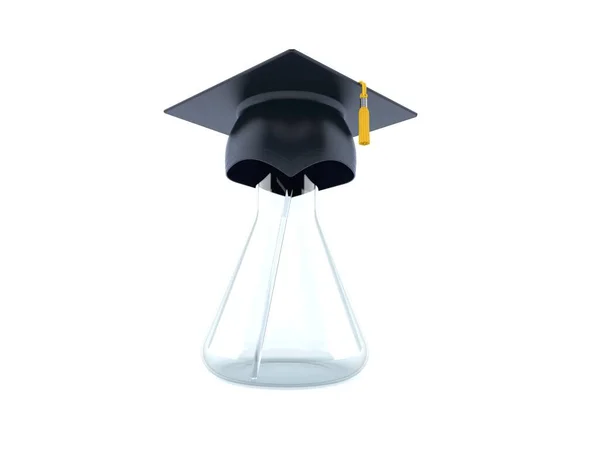 Chemistry flasks with mortarboard — Stock Photo, Image