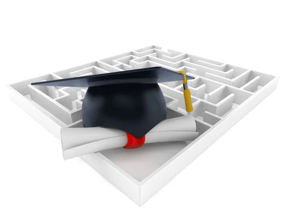 Mortarboard with certificate in maze — Stock Photo, Image
