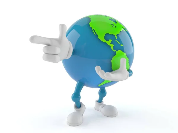 Världsjordklotets karaktär pekande finger — Stockfoto