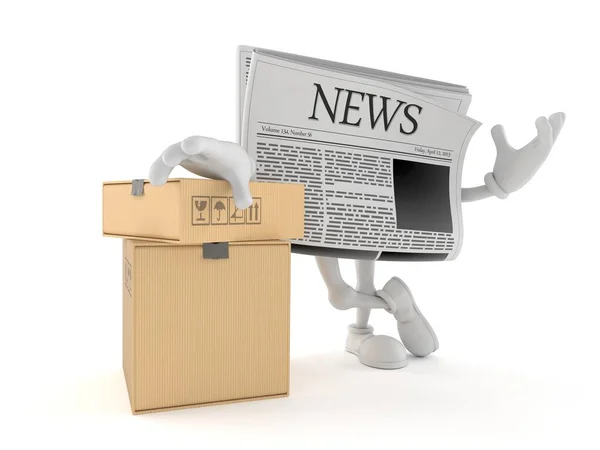 Newspaper character with stack of boxes — Stock Photo, Image