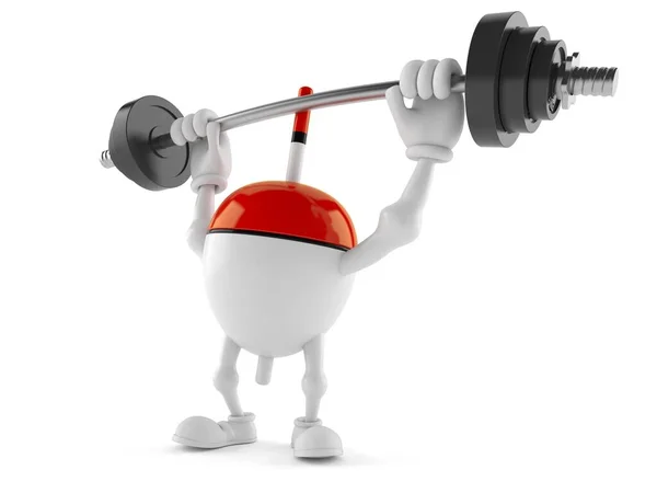 Fishing float character lifting heavy barbell — Stock Photo, Image