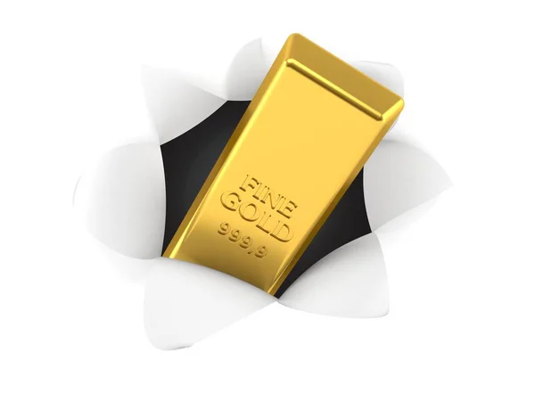 Lingote de ouro dentro buraco de papel rasgado — Fotografia de Stock