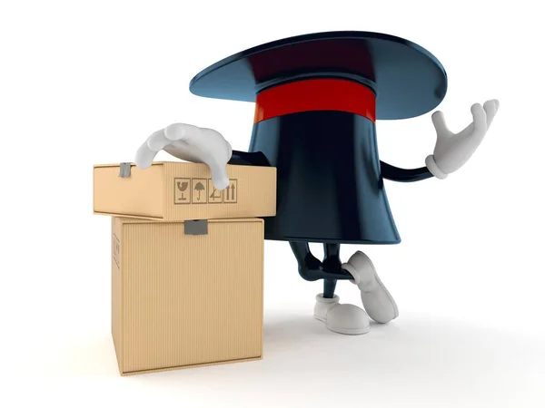 Magic hat character with stack of boxes — Stok fotoğraf