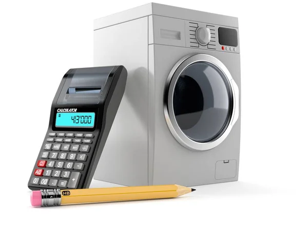 Washing machine with calculator and pencil — Stock Photo, Image