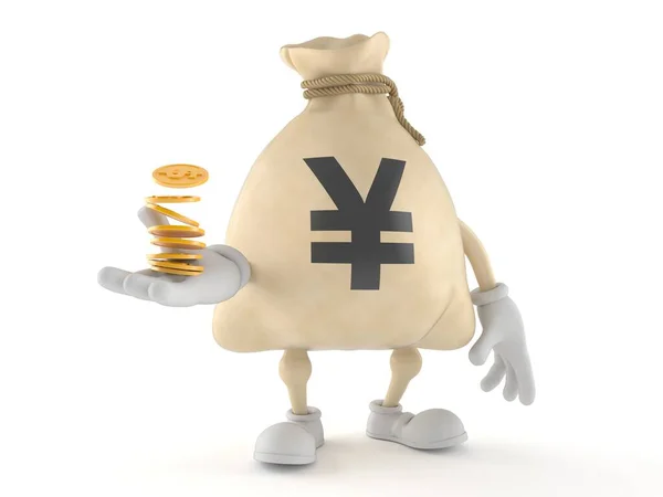 Personagem de saco de dinheiro de iene com pilha de moedas — Fotografia de Stock