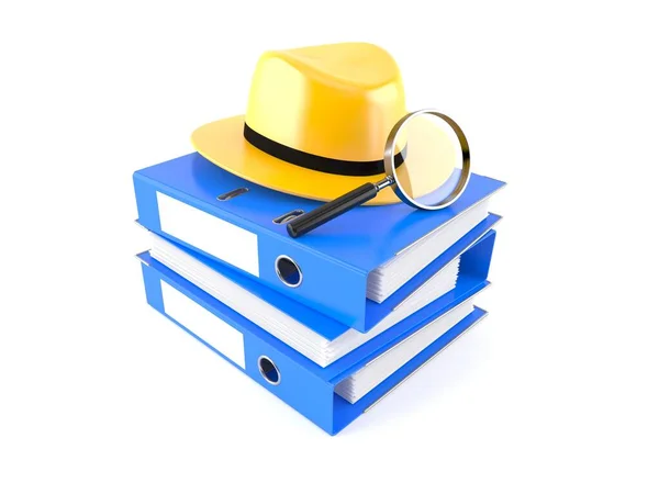 Detective hat and magnifying glass with ring binders — ストック写真