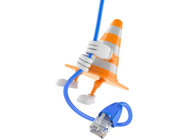 Traffic cone character swinging on network cable — Stock Photo, Image