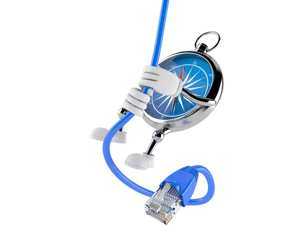 Compass character swinging on network cable — Stock Photo, Image