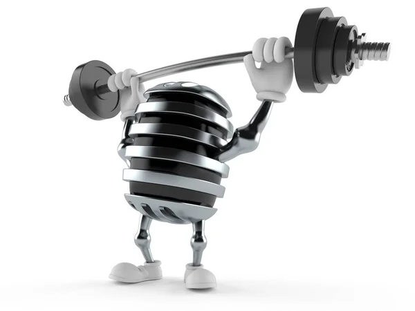 Microphone character lifting heavy barbell — Stock Photo, Image