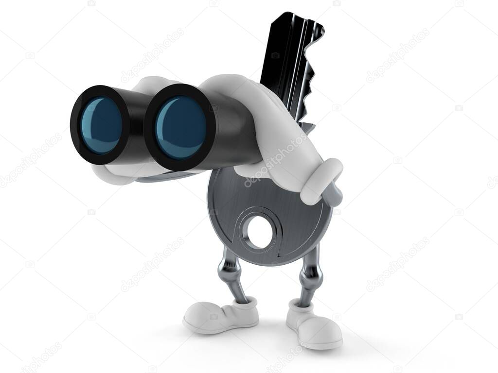 Door key character looking through binoculars