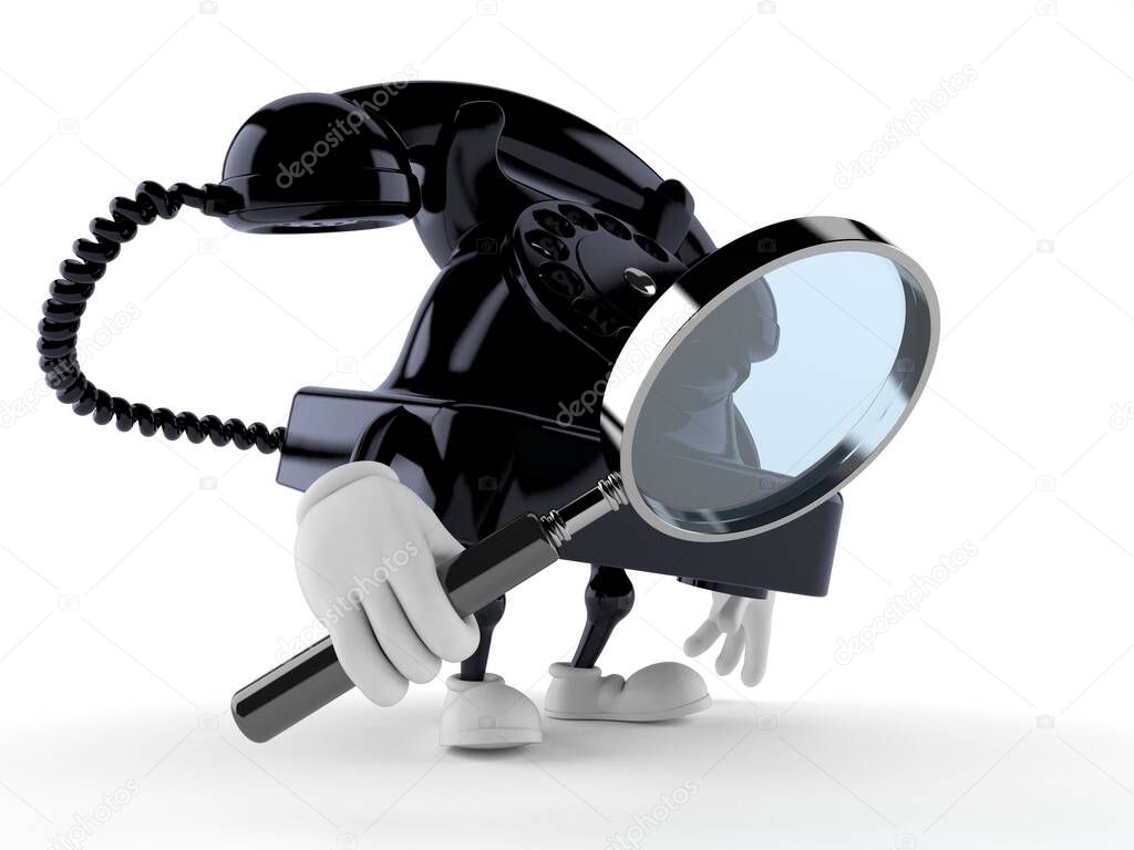 Telephone character looking through magnifying glass