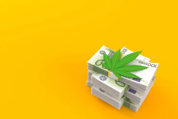 Cannabislöv på hög med pengar — Stockfoto