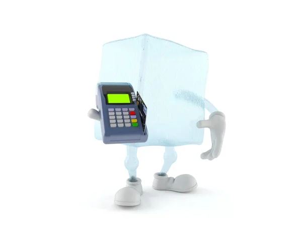 Cubo de gelo personagem segurando leitor de cartão de crédito — Fotografia de Stock