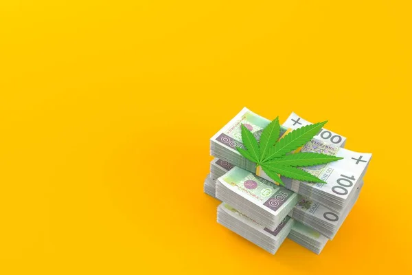 Cannabislöv på hög med pengar — Stockfoto