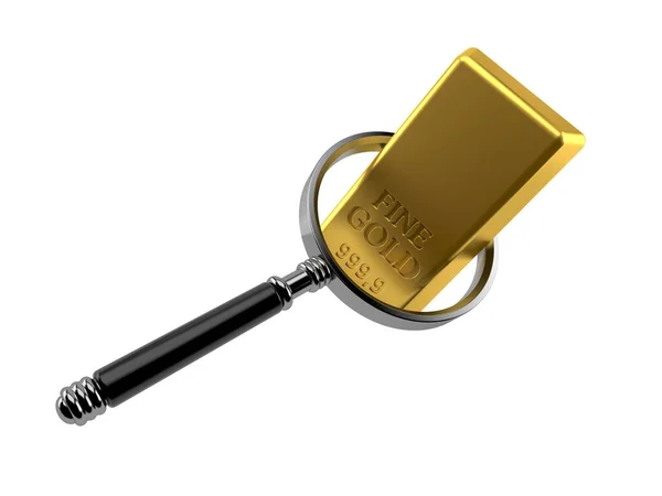 Gold ingot with magnifying glass — Stock Photo, Image